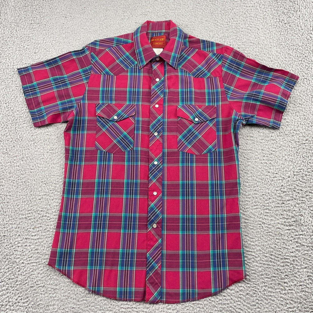 Rustler Western Shirt Mens Medium Red Plaid Pearl Snap Short Sleeve X-Long Tails